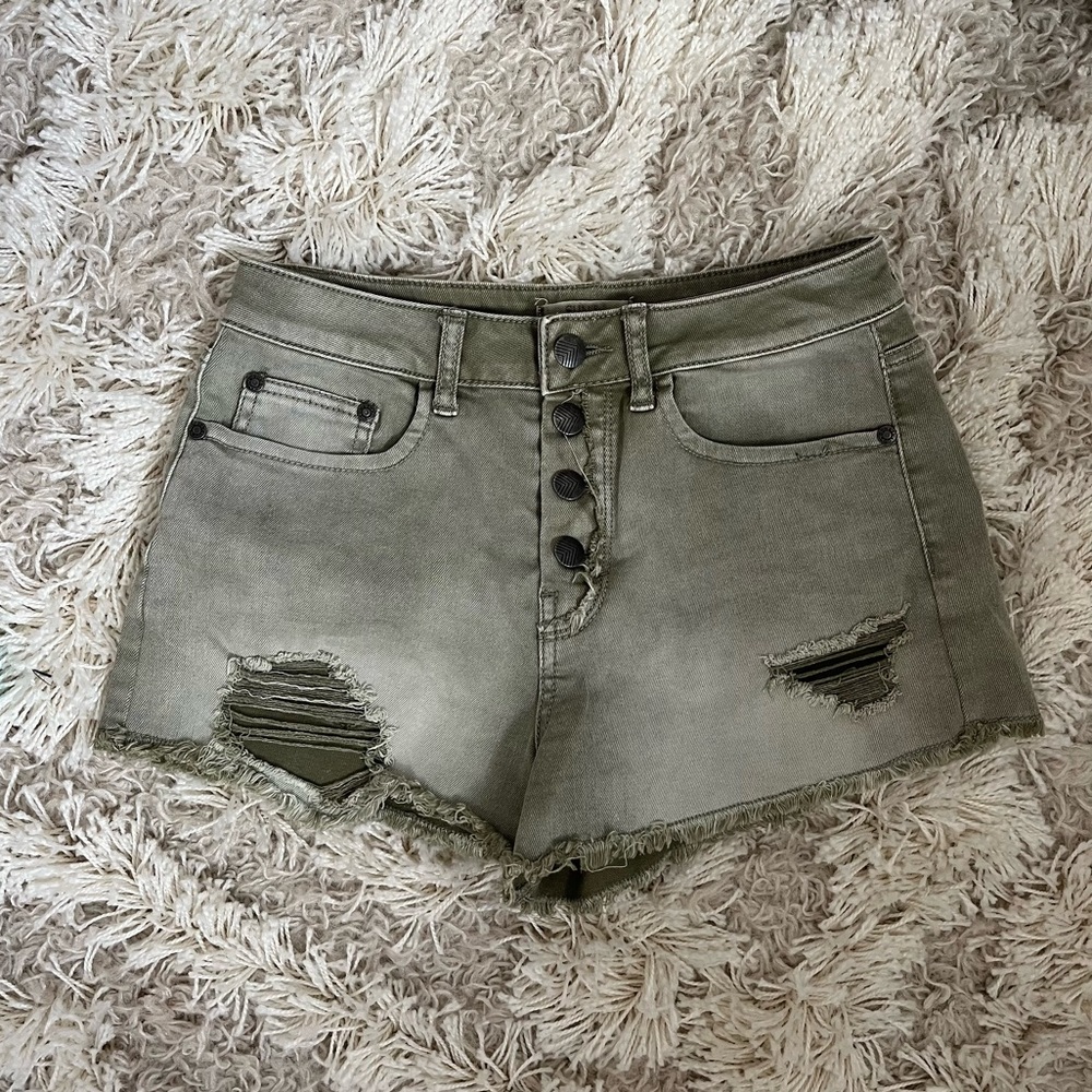 Sun & Shadow - Olive Green Distressed Denim Shorts